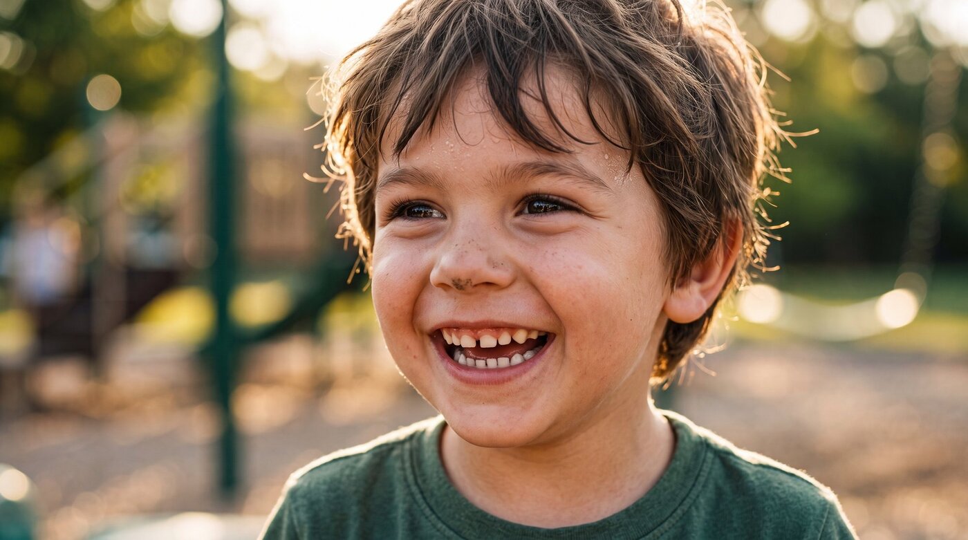 Happy child smiling outdoors after a positive dental visit