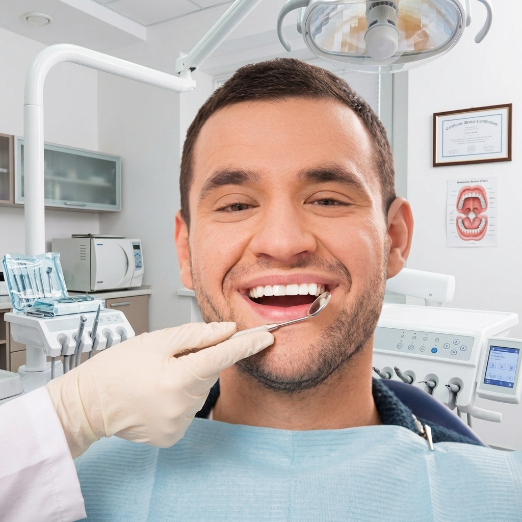 Patient receiving gentle periodontal gum care from a hygienist